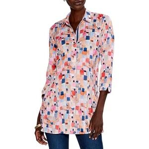 Nic + Zoe Printed Tunic Top Large Button Down Abstract Colorful Artsy Relaxed
